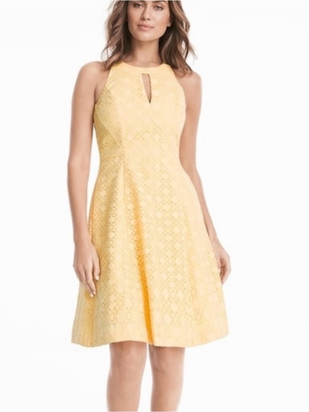 White House Black Market Yellow Lace Keyhole Fit-and-Flare Midi Dress